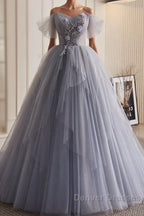 Unique And Beautiful Silver Gray Beaded Pearl Sequins Off The Shoulder Sleeveless Decal Pleated Ball Dress Silver Gray A-Shaped Thin Gauze Pong Truffle Back Strap And Ground Length Prom Dress