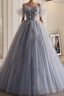 Unique And Beautiful Silver Gray Beaded Pearl Sequins Off The Shoulder Sleeveless Decal Pleated Ball Dress Silver Gray A-Shaped Thin Gauze Pong Truffle Back Strap And Ground Length Prom Dress