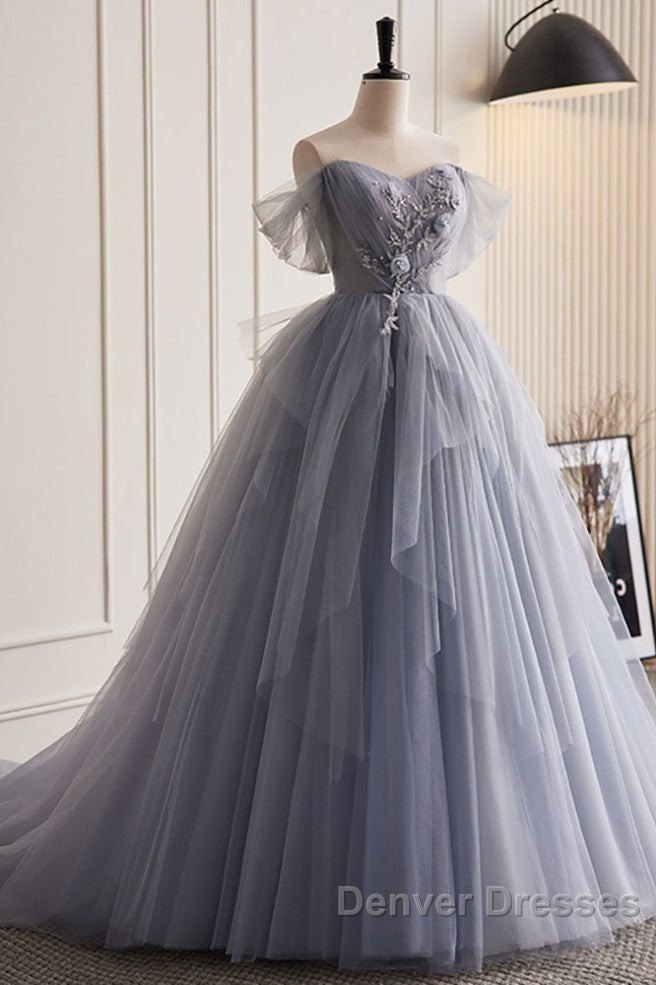 Unique And Beautiful Silver Gray Beaded Pearl Sequins Off The Shoulder Sleeveless Decal Pleated Ball Dress Silver Gray A-Shaped Thin Gauze Pong Truffle Back Strap And Ground Length Prom Dress Secondary image