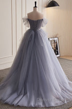 Unique And Beautiful Silver Gray Beaded Pearl Sequins Off The Shoulder Sleeveless Decal Pleated Ball Dress Silver Gray A-Shaped Thin Gauze Pong Truffle Back Strap And Ground Length Prom Dress