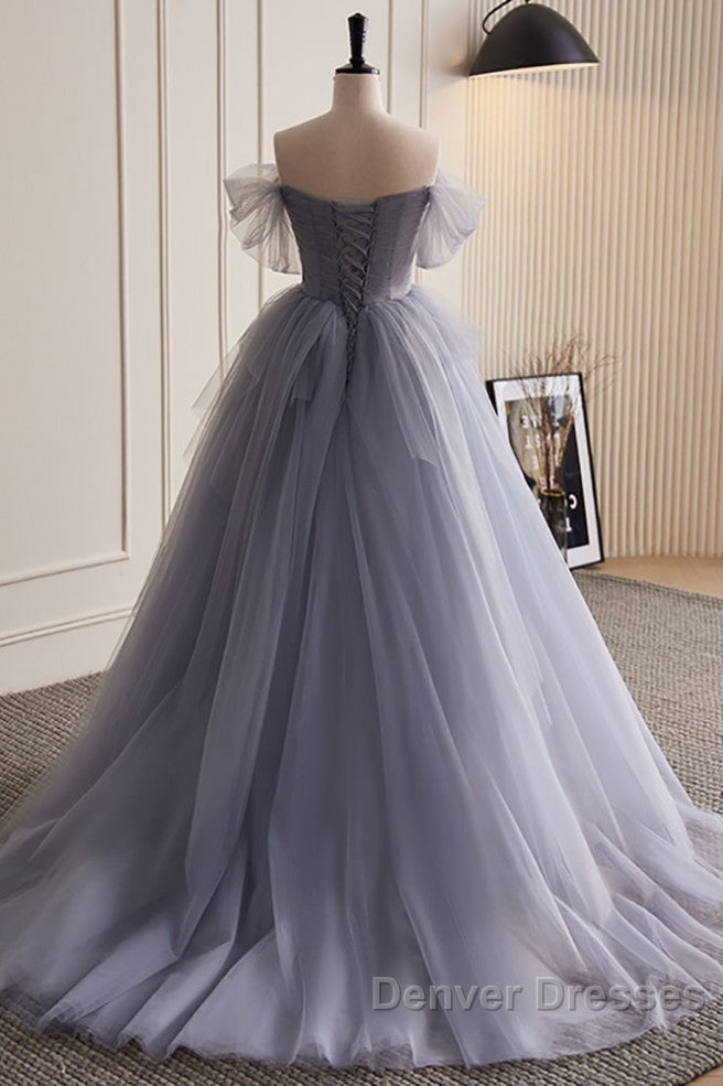 Unique And Beautiful Silver Gray Beaded Pearl Sequins Off The Shoulder Sleeveless Decal Pleated Ball Dress Silver Gray A-Shaped Thin Gauze Pong Truffle Back Strap And Ground Length Prom Dress