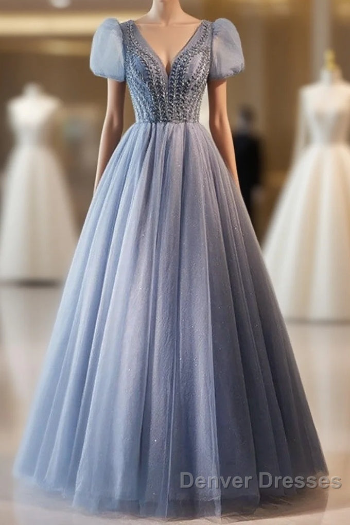 Unique And Beautiful Sky Blue Beaded Rhinestone Fluffy Short Sleeved Ball Dress With Sky Blue A-Shaped Princess V-Neck Backless Strap And Ground Length Evening Dress Main image
