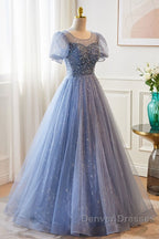 Unique And Beautiful Sky Blue Low Round Neck Short Sleeved Beaded Sequin Ball Dress With Sky Blue A-Line/Princess Backless Strap And Ground Length Evening Dress