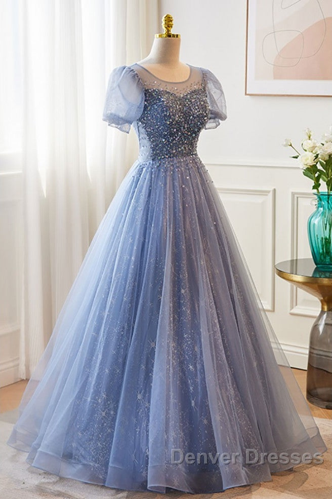 Unique And Beautiful Sky Blue Low Round Neck Short Sleeved Beaded Sequin Ball Dress With Sky Blue A-Line/Princess Backless Strap And Ground Length Evening Dress