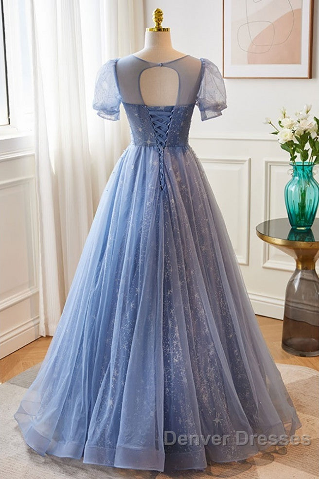 Unique And Beautiful Sky Blue Low Round Neck Short Sleeved Beaded Sequin Ball Dress With Sky Blue A-Line/Princess Backless Strap And Ground Length Evening Dress