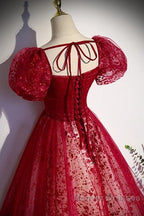 Unique And Beautiful Wine Red Sequin Square Neckline Short Sleeved Ball Dress Wine Red A-Shaped/Princess Fluffy Backless Tie Bow And Floor Length Evening Dress