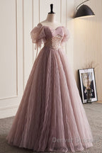 Unique And Elegant Dark Pink Sequin Off The Shoulder Short Sleeved Ball Dress Dark Pink A-Line Princess Glitter Beaded Backless And Ground Length Prom Dress