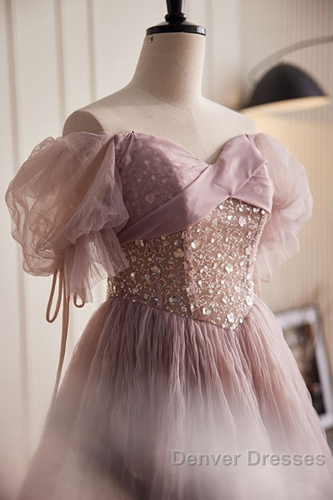 Unique And Elegant Dark Pink Sequin Off The Shoulder Short Sleeved Ball Dress Dark Pink A-Line Princess Glitter Beaded Backless And Ground Length Prom Dress