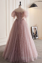 Unique And Elegant Dark Pink Sequin Off The Shoulder Short Sleeved Ball Dress Dark Pink A-Line Princess Glitter Beaded Backless And Ground Length Prom Dress