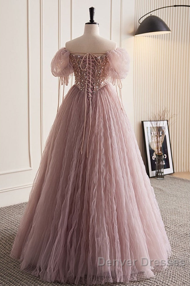 Unique And Elegant Dark Pink Sequin Off The Shoulder Short Sleeved Ball Dress Dark Pink A-Line Princess Glitter Beaded Backless And Ground Length Prom Dress