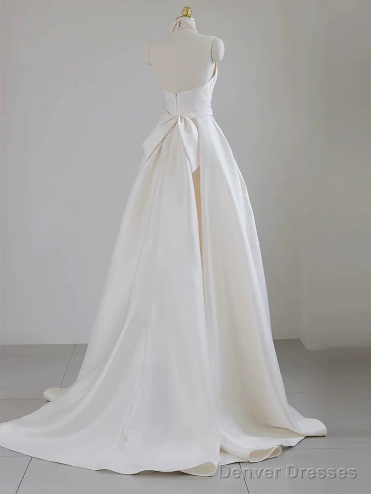 Unique Ball Gown Halter Neckline Satin Pleats White Wedding Dresses Secondary image