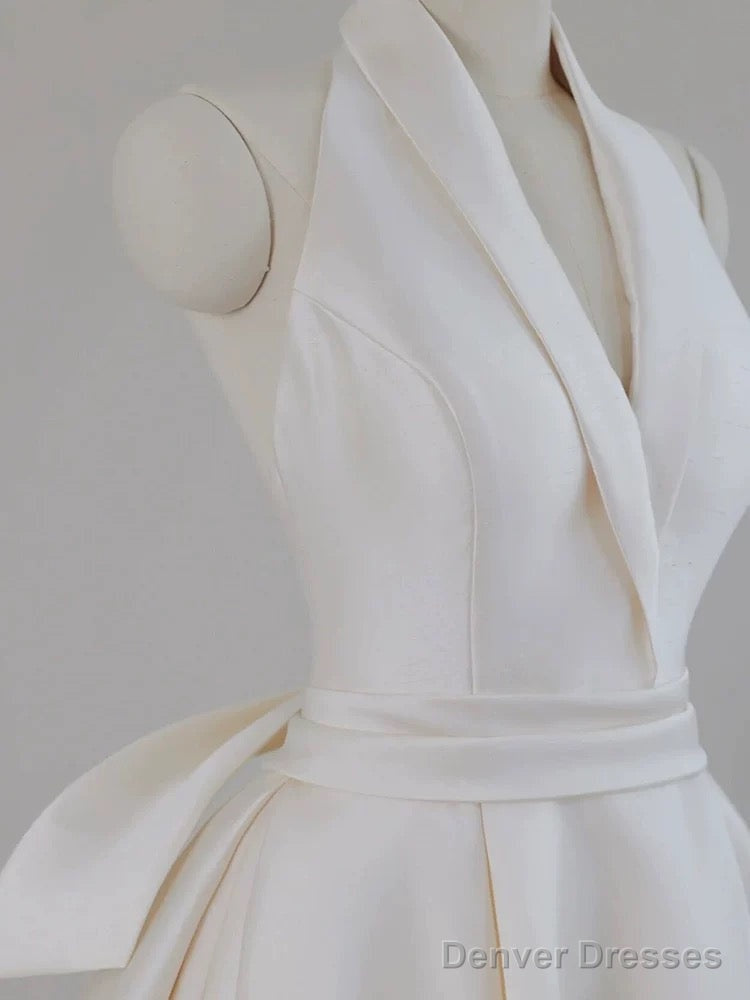 Unique Ball Gown Halter Neckline Satin Pleats White Wedding Dresses