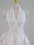 Unique Ball Gown Halter Neckline Satin Pleats White Wedding Dresses