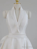Unique Ball Gown Halter Neckline Satin Pleats White Wedding Dresses