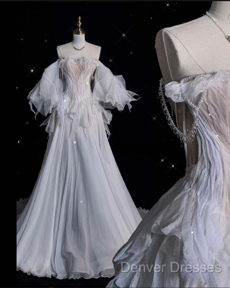 Unique Ball Gown Off The Shoulder Long Tulle White Wedding Dress Brides Dress Secondary image