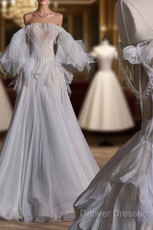 Unique Ball Gown Off The Shoulder Long Tulle White Wedding Dress Brides Dress