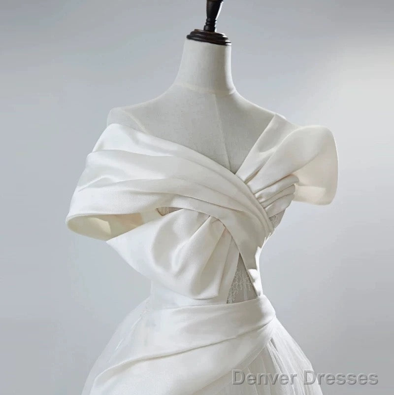 Unique Ball Gown Off The Shoulder Long White Satin Wedding Dresses Secondary image