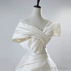 Unique Ball Gown Off The Shoulder Long White Satin Wedding Dresses