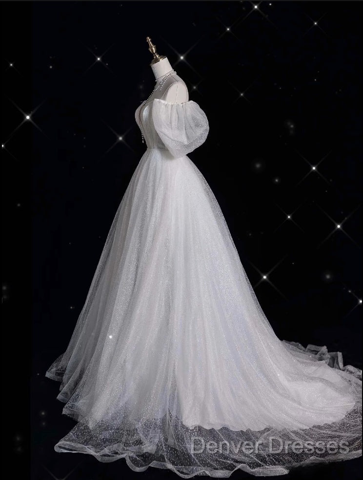 Unique Ball Gown Off The Shoulder Sequin Short Sleeves White Wedding Dress Brides Dress