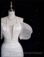 Unique Ball Gown Off The Shoulder Sequin Short Sleeves White Wedding Dress Brides Dress