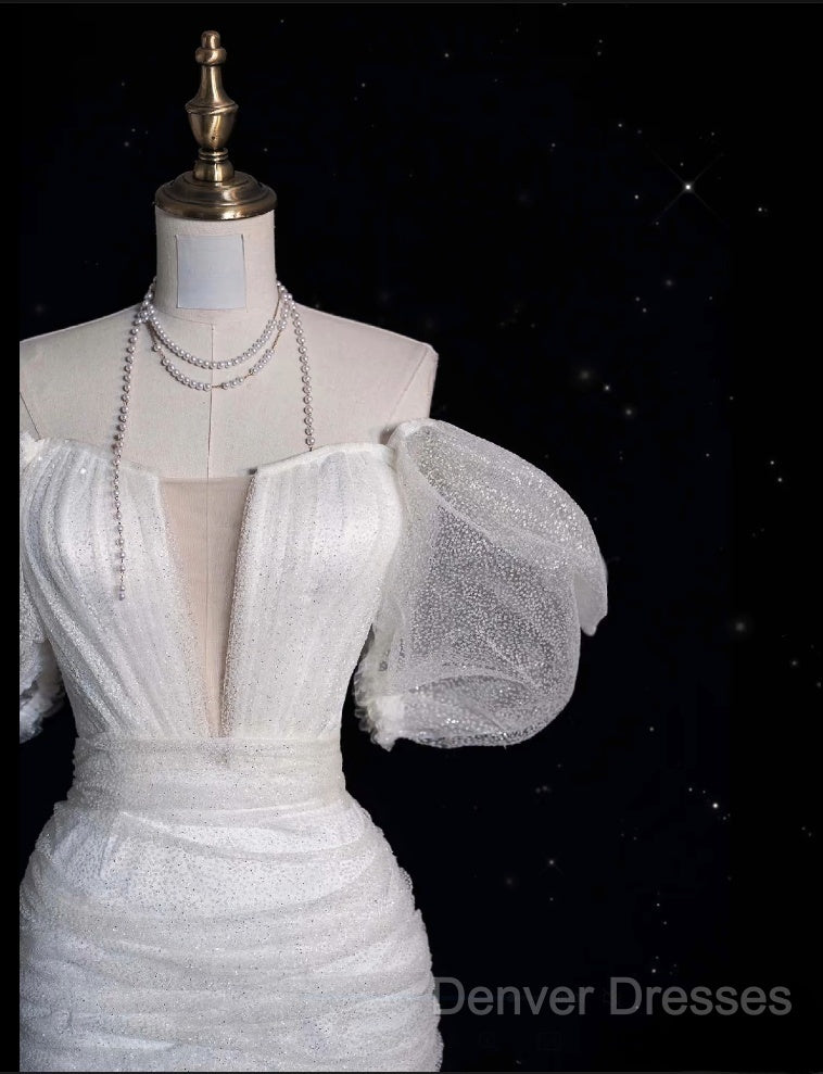 Unique Ball Gown Off The Shoulder Sequin Short Sleeves White Wedding Dress Brides Dress