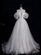Unique Ball Gown Off The Shoulder Sequin Short Sleeves White Wedding Dress Brides Dress
