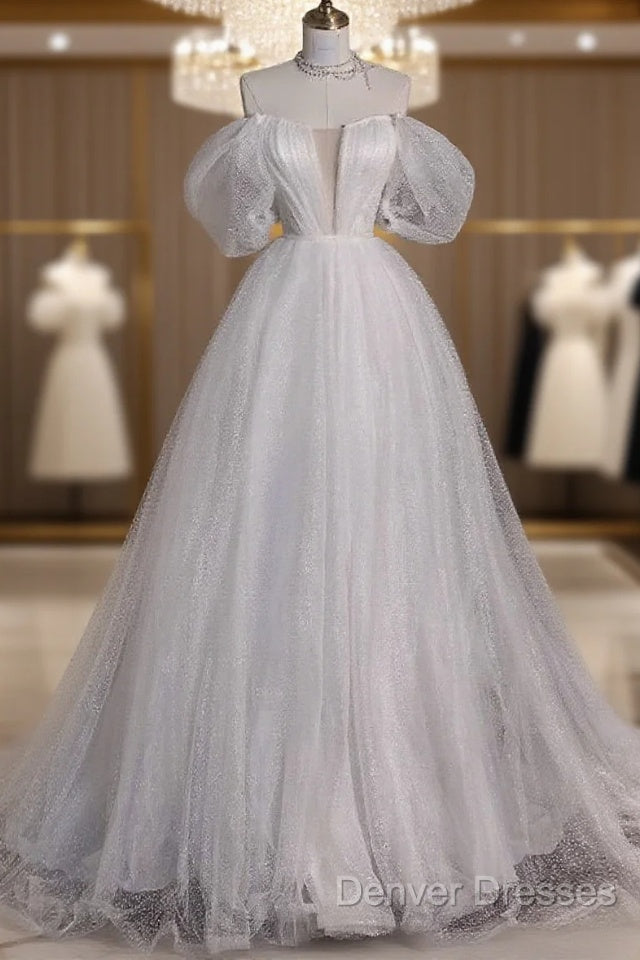 Unique Ball Gown Off The Shoulder Sequin Short Sleeves White Wedding Dress Brides Dress
