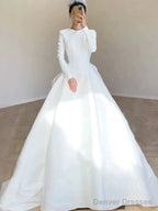 Unique Ball Gown Scoop Neckline Long Sleeves White Satin Wedding Dresses