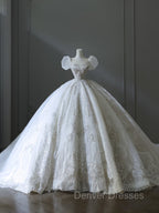 Unique Ball Gown Square Neckline Sequin Short Sleeves Wedding Dress Brides Dress