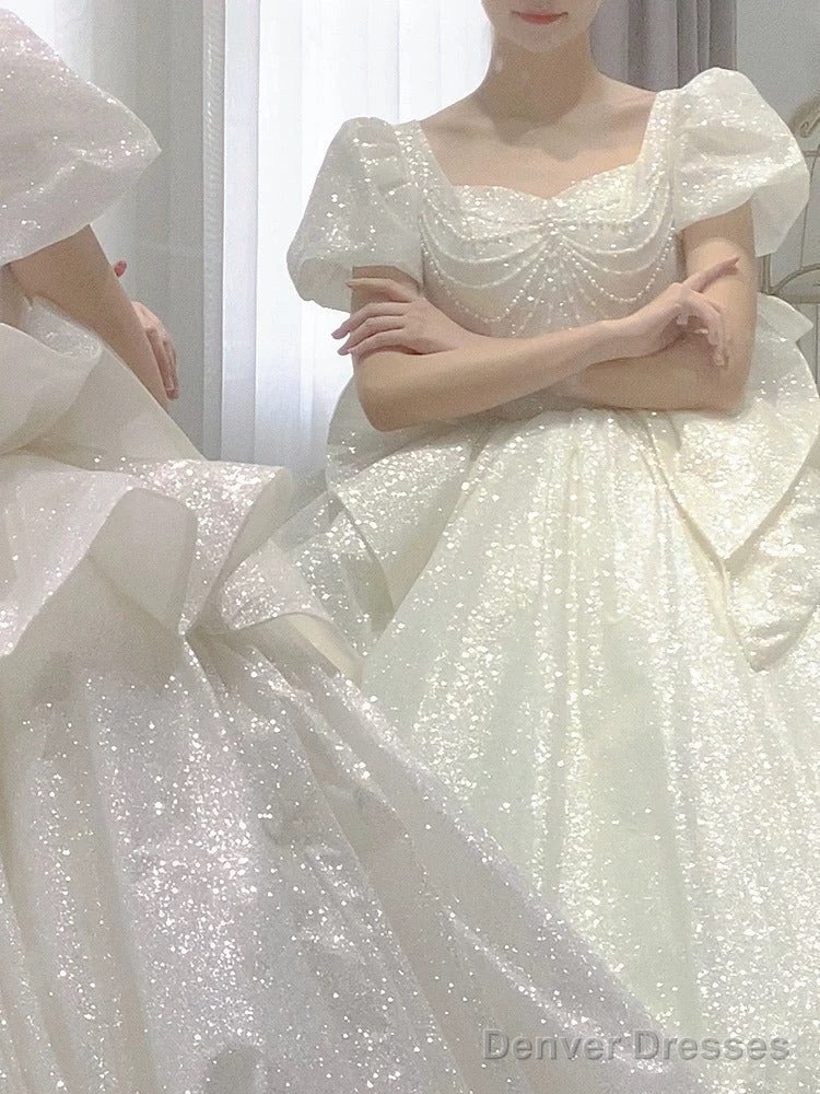Unique Ball Gown Square Neckline Short Sleeves Sequin White Wedding Dresses Brides Dress