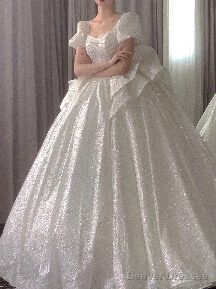 Unique Ball Gown Square Neckline Short Sleeves Sequin White Wedding Dresses Brides Dress
