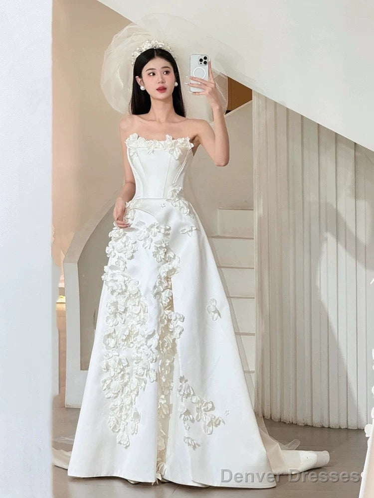 Unique Ball Gown Strapless Neckline Long White Satin Floral Wedding Dresses Secondary image