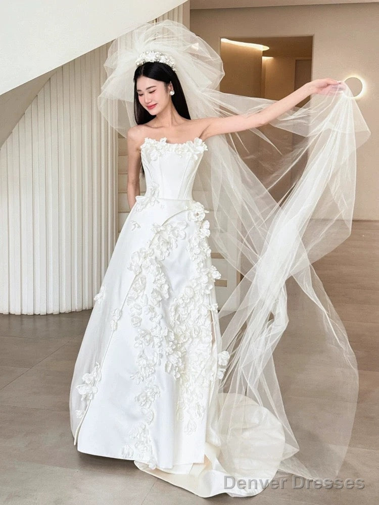 Unique Ball Gown Strapless Neckline Long White Satin Floral Wedding Dresses