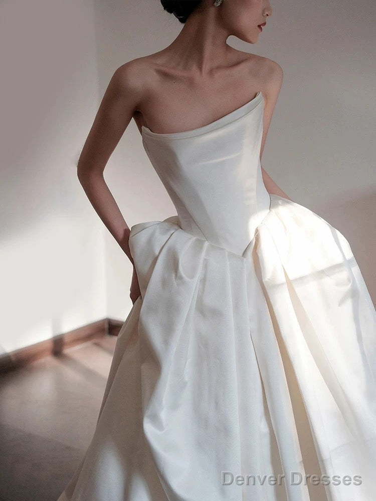 Unique Ball Gown Strapless Neckline Long White Satin Wedding Dresses