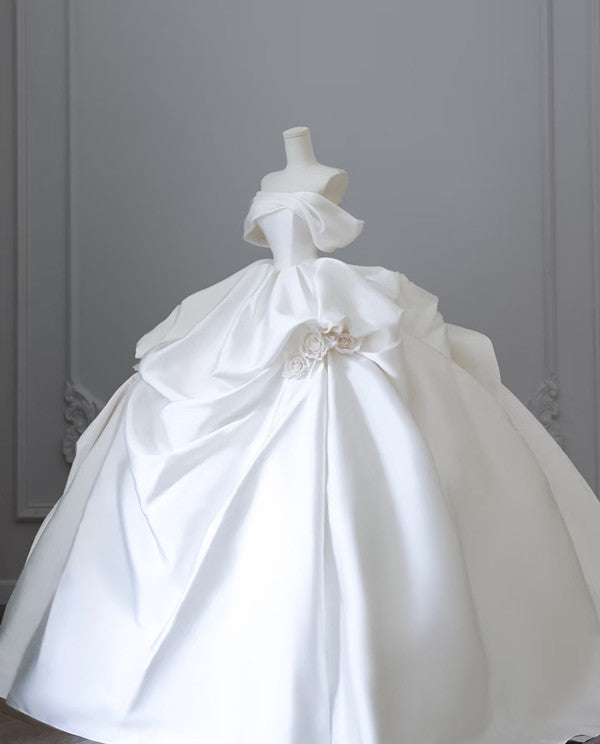 Unique Ball Gown Strapless Off The Shoulder Satin Long Wedding Dress Brides Dress
