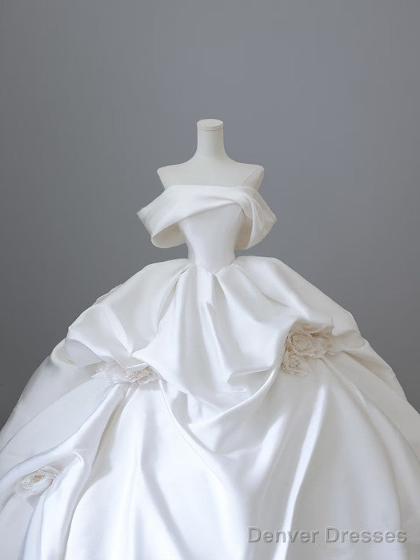 Unique Ball Gown Strapless Off The Shoulder Satin Long Wedding Dresses Brides Dress