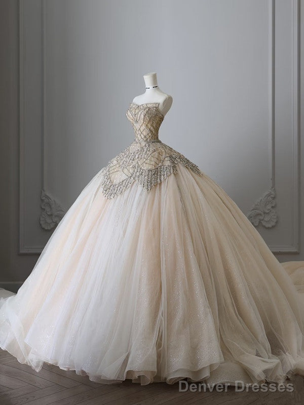 Unique Ball Gown Strapless Tulle Champagne Long Wedding Dresses Brides Dress Secondary image