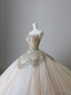 Unique Ball Gown Strapless Tulle Champagne Long Wedding Dresses Brides Dress