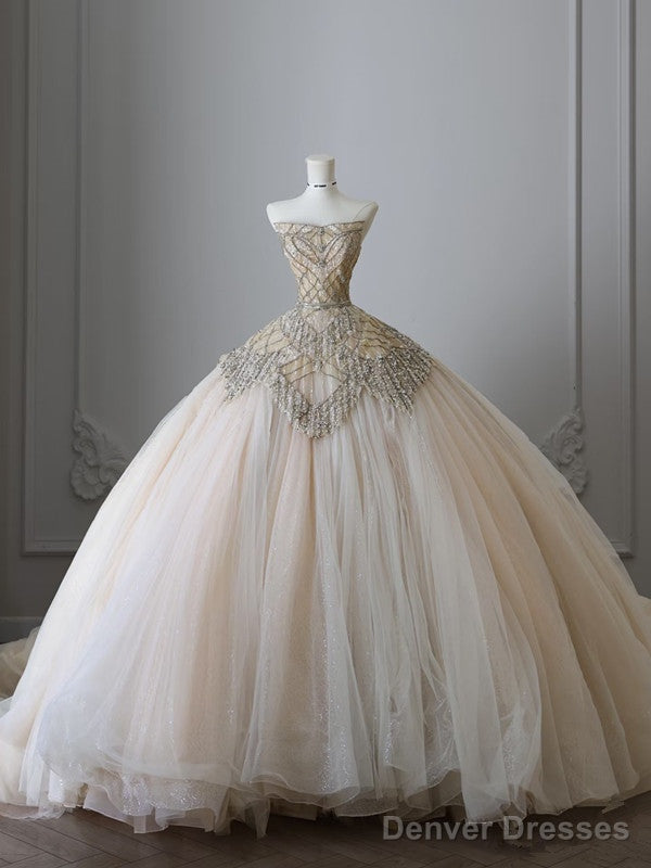Unique Ball Gown Strapless Tulle Champagne Long Wedding Dresses Brides Dress Main image