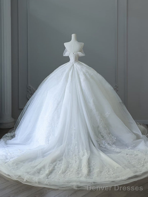 Unique Ball Gown Strapless Tulle White Long Off The Shoulder Wedding Dresses Brides Dress