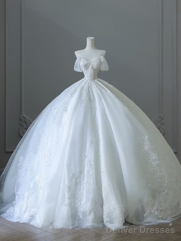 Unique Ball Gown Strapless Tulle White Long Off The Shoulder Wedding Dresses Brides Dress Main image