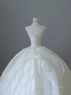 Unique Ball Gown Strapless Tulle White Long Wedding Dress Brides Dress