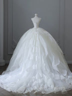Unique Ball Gown Strapless Tulle White Long Wedding Dress Brides Dress