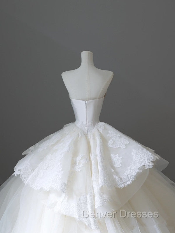 Unique Ball Gown Strapless White Lace Satin Long Wedding Dress Brides Dress