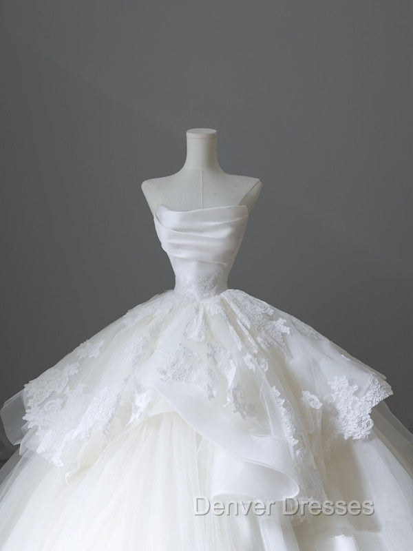 Unique Ball Gown Strapless White Lace Satin Long Wedding Dress Brides Dress