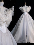 Unique Ball Gown Sweetheart Long Tulle White Wedding Dress Brides Dress