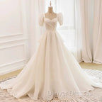 Unique Ball Gown Sweetheart Short Sleeves Long White Wedding Dress