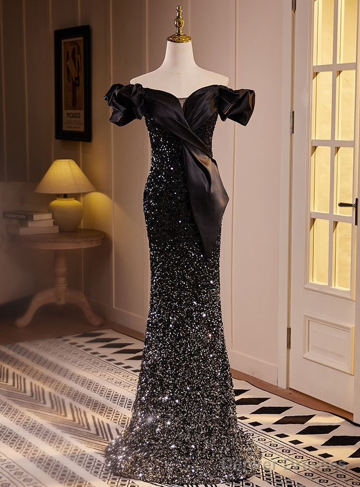 Unique Black Mermaid Sequins Off the Shoulder Prom Dress Main image