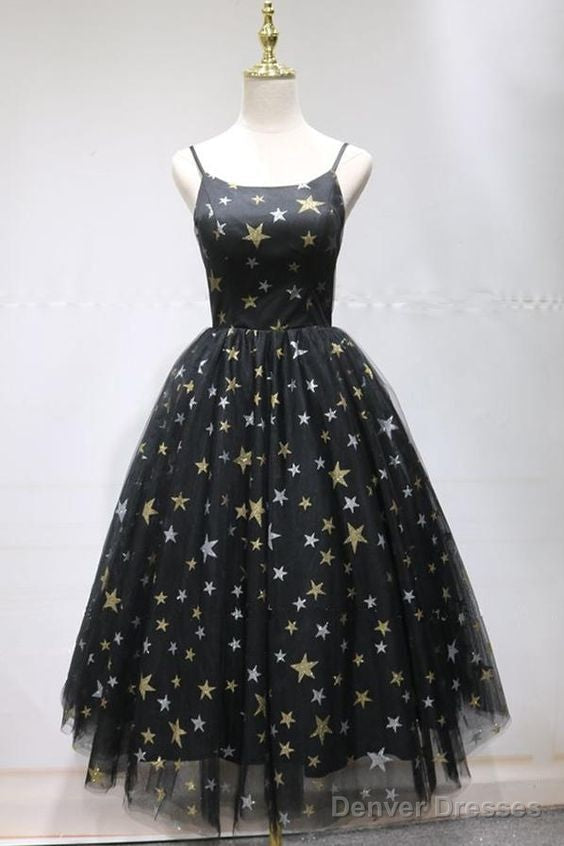Unique Black Star Printed Tulle Open Back Short Cocktail Dress Homecoming Dress