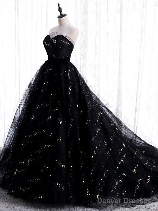 Unique Black Tulle Sequins Strapless Prom Dress Main image